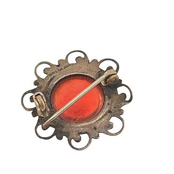 Dragons Breath Pin Brooch Antique Sterling Silver Scrollwork Round Cabochon Ston - Picture 6 of 7